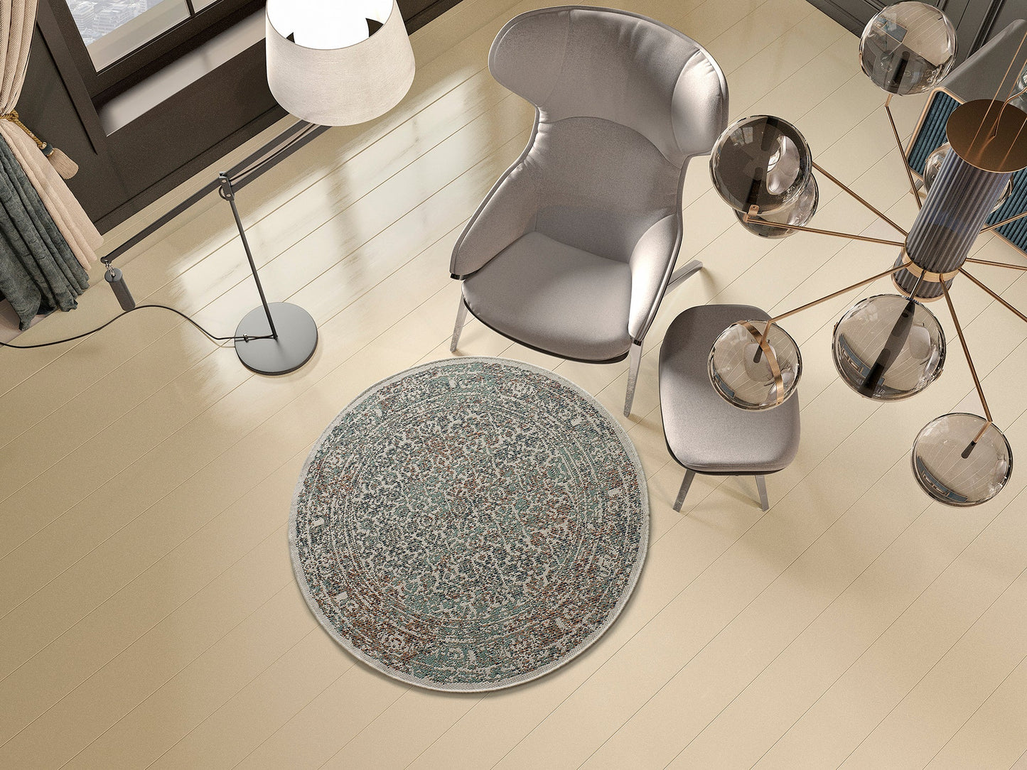 Moma Alfombra vintage Indoor-Outdoor Lucca 101 Multicolor redonda ambiente