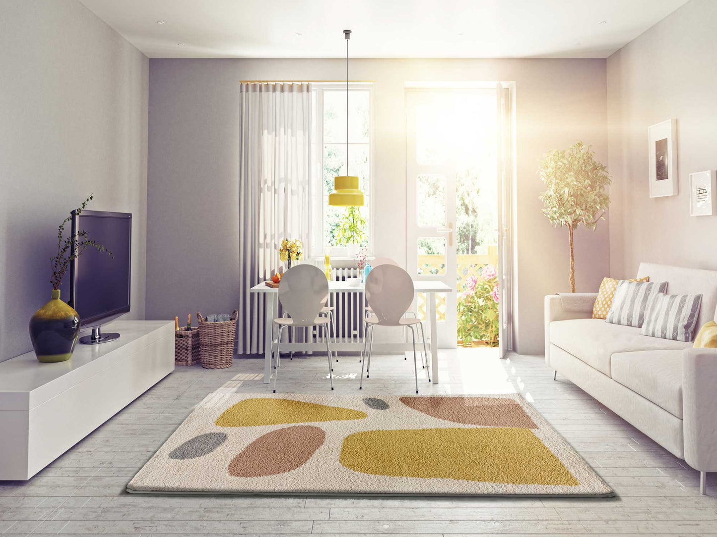 Moma Alfombra geométrica de pelo alto y colores empolvados Maris 62621 Multicolor ambiente
