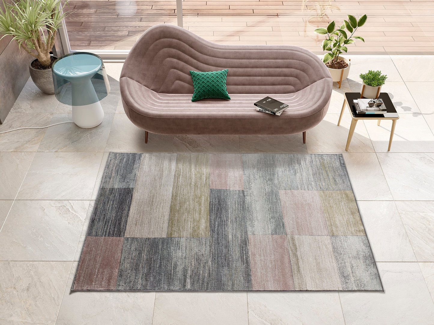 Moma alfombra geométrica en tonos gris y rosa y estilo vintage. Alfombra Martina ambiente