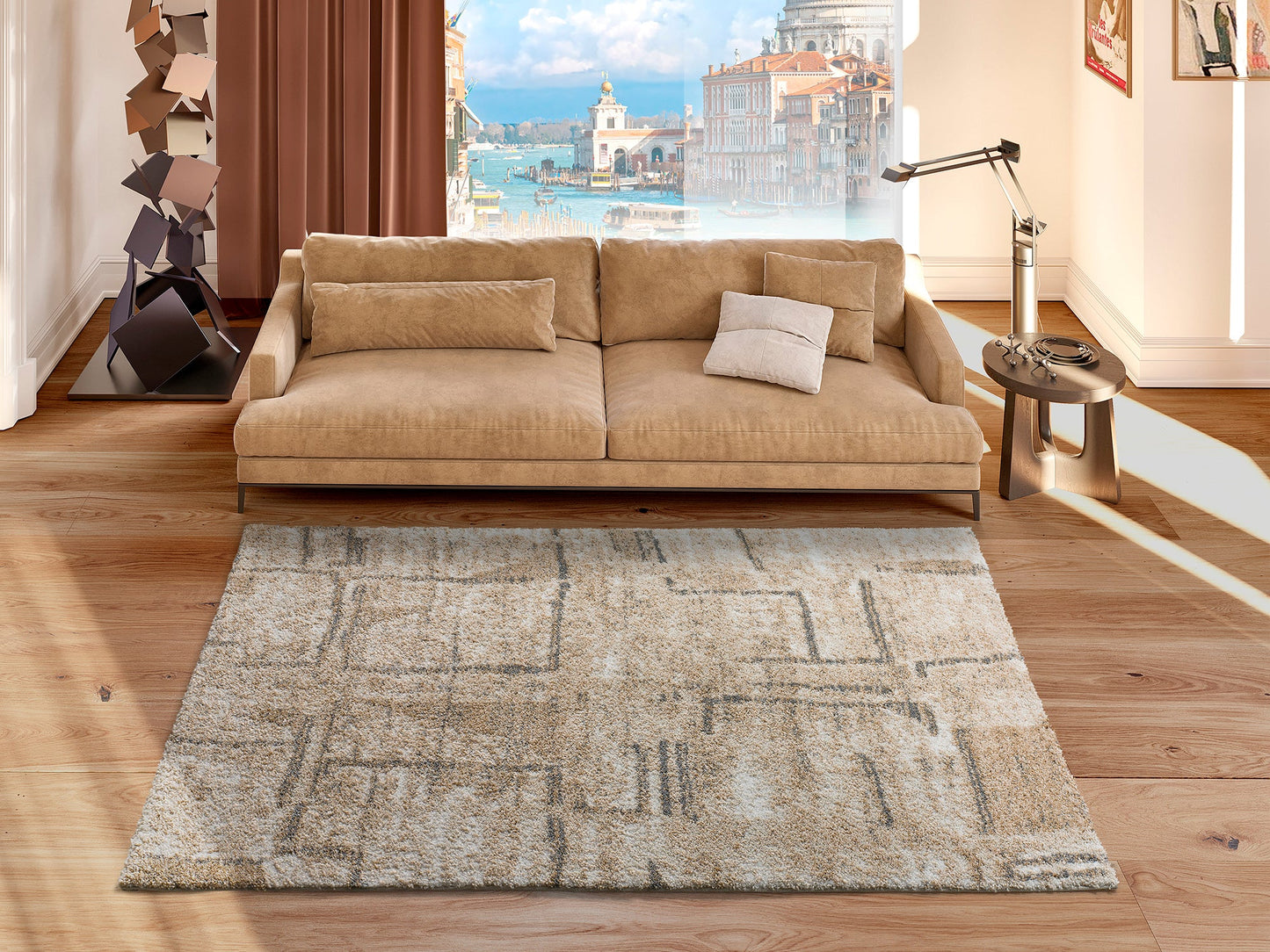 Moma Alfombra étnica con relieve Serene 8696 Beige ambiente