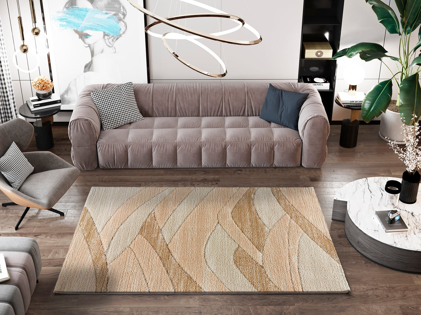 Moma Alfombra geométrica con relieve Serene 8701 Beige ambiente