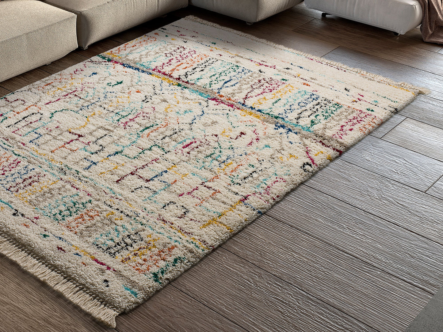 Moma Alfombra de pelo largo con flecos Ziri 5641 Blanco ambiente zoom